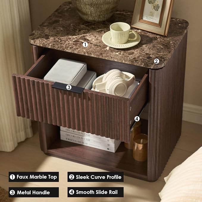 Fluted Nightstand with Drawer, Bedside Table with Faux Marble-Top, Engineered - Image 4