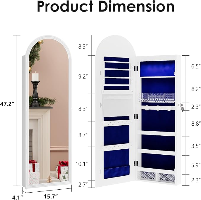 47in Tall Jewelry Cabinet Organizer, Arched Wall or Door Mounted Jewelry Armoire - Image 7