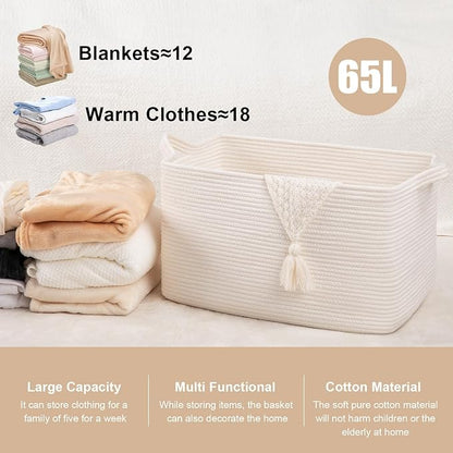 65L Large Storage Basket, Cotton Rope Woven Blanket Basket, Toy Storage - Image 3