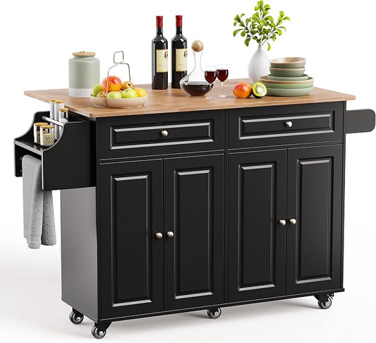 Kitchen Island with Storage, Kitchen Cart on 5 Universal Wheels, Mobile Kitchen by Qsun