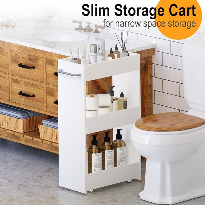 MARTY Wood Rolling Storage Cart 7.9" W, 3 Tier White Slim Utility Kitchen Cart - Image 4