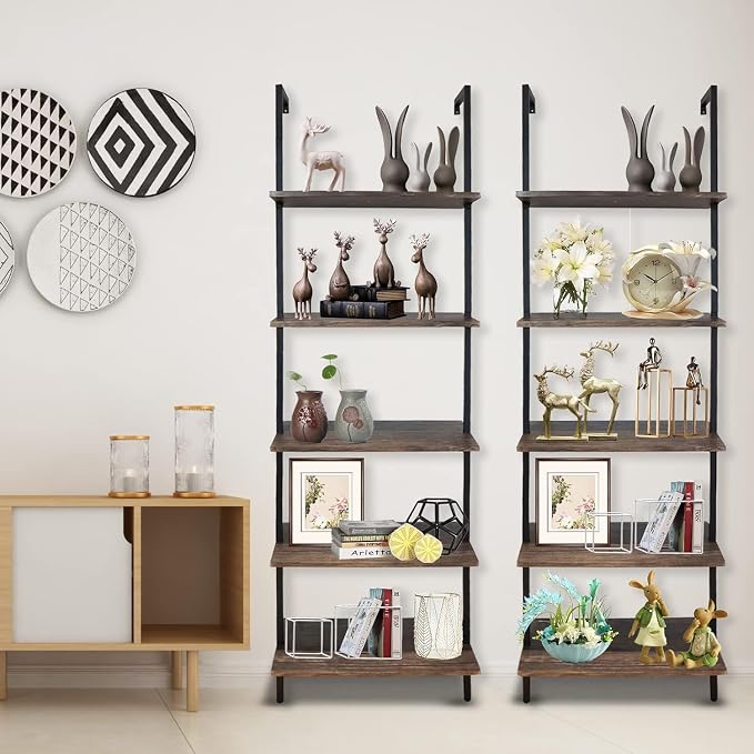 5 Tiers Ladder Shelf Brown Modern Bookshelf Open Tall Wall Mount Bookcase - Image 7