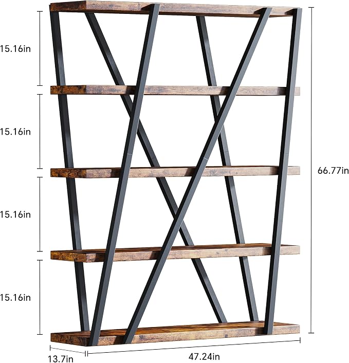 FUSUNBAO Unique 5-Tier Wooden and Metal Frame Bookshelf, Vintage Industrial - Image 3