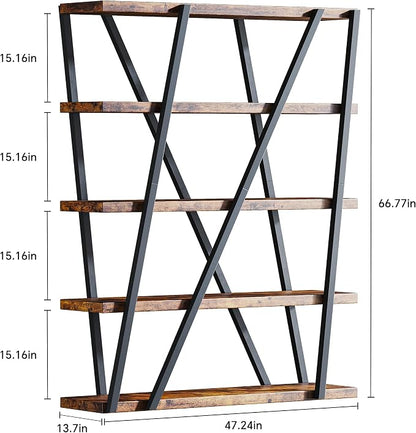 FUSUNBAO Unique 5-Tier Wooden and Metal Frame Bookshelf, Vintage Industrial - Image 3