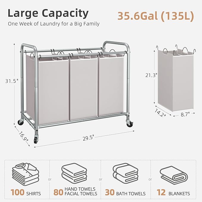 STORAGE MANIAC 3 Section Laundry Sorter, 35.6 Gal Laundry Hamper Cart - Image 4