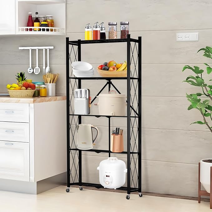 5 Tier Folding Shelf with Wheels, Metal Steel Collapsible Shelves, No Assembly - Image 2