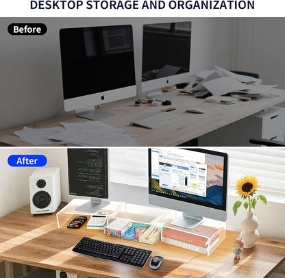 OPNICE Clear Acrylic Desk Organizers and Accessories, Dual Monitor Stand Riser - Image 3