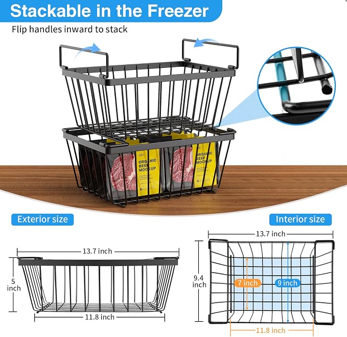 Freezer Organizers bins with Folding Handles，4 Pack Stackable Upright Freezer - Image 2