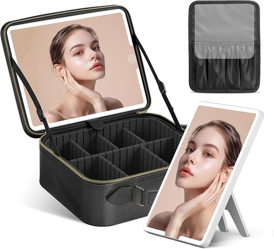 JUSRON Travel Makeup Bag With LED Mirror, Cosmetic Train Case with Light up by JUSRON