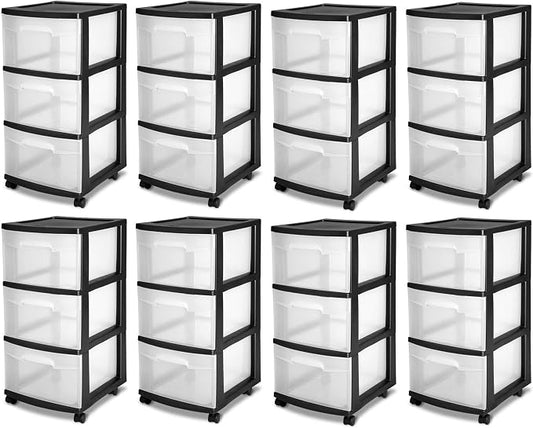 Sterilite 8 Pack Plastic Storage Organizer, 3 Drawer Rolling Bin Cart, Closet by Sterilite