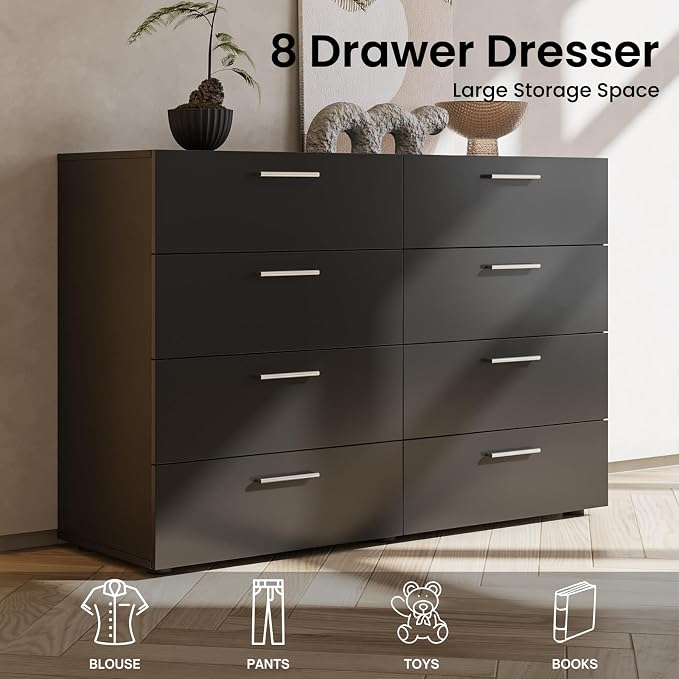Karl home 8 Drawer Dresser, Wood Black Vanity Drawer Cabinet, Bedroom Storage - Image 4