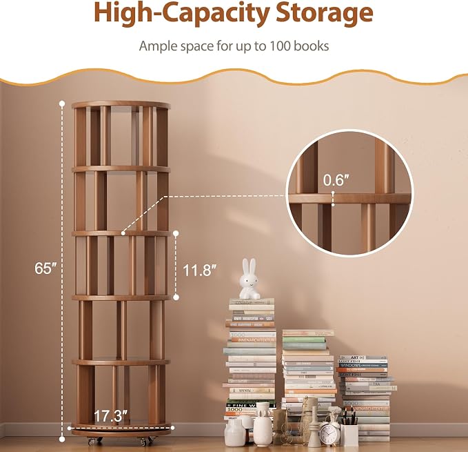 Solid Wood Rotating Bookshelf on Wheels, 5 Tier, Round Revolving Bookcase - Image 2