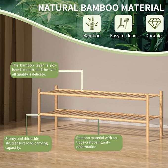 2-Tier Bamboo Long Shoe Rack, Free Standing Wood Shoe Shelf Storage Organizer - Image 5