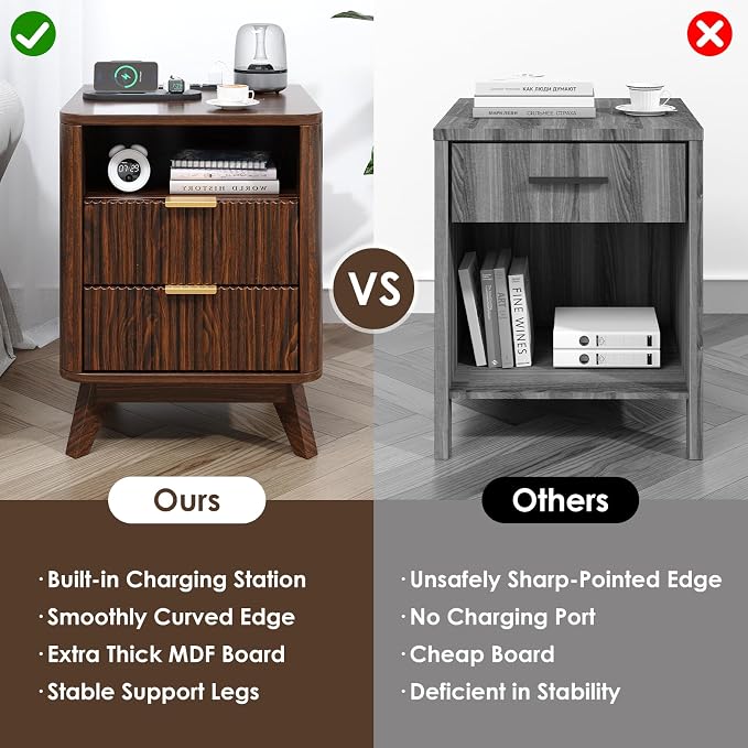 Nightstand with Charging Station, Fluted Nightstand with LED Lights, Modern - Image 5