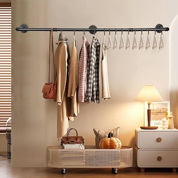 Industrial Iron Pipe Clothes Hanging Bar DIY Wall-Mounted Garment Rack Heavy - Image 5