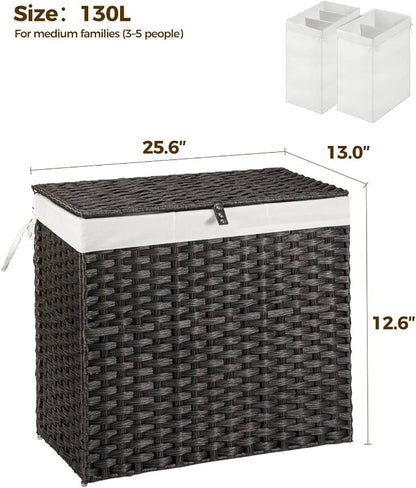 Greenstell Laundry Hamper with Wheels&Lid, 130L Large 3 Sections Clothes Hamper - Image 5