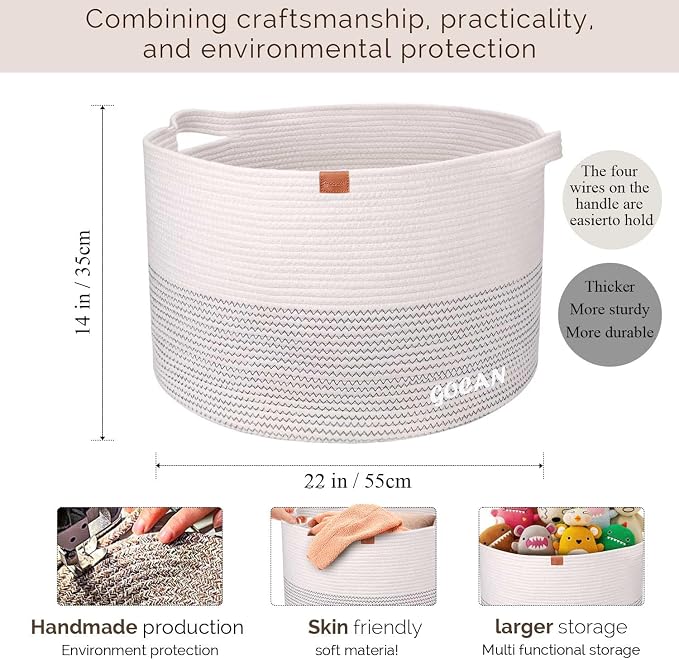 Extra Large Laundry Basket 22" X 22"X 14" XXXL Cotton Rope Woven Basket - Image 3