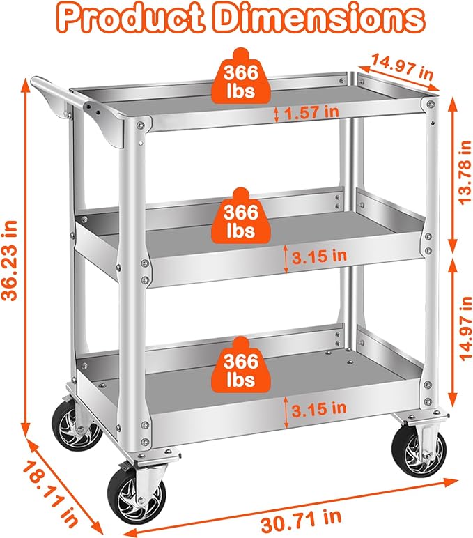 DDJ Stainless Steel Utility Cart on Wheels, 3-Tier 1100 lbs Heavy Duty Tool Cart - Image 7