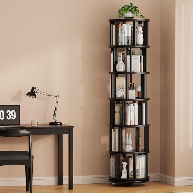 Solid Wood Rotating Bookshelf on Wheels, 6 Tier, Round Revolving Bookcase - Image 9