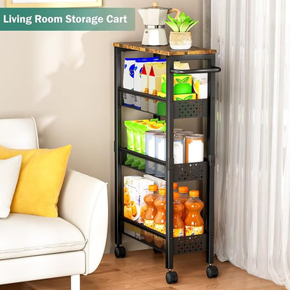 Utility Slim Storage Cart with Wheels, 4 Tier Small Rolling Cart with Wood Top - Image 6