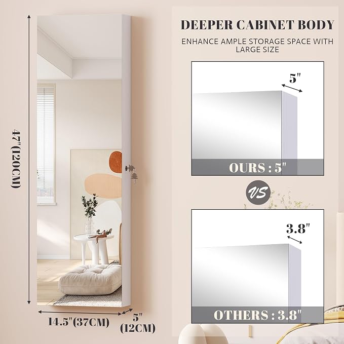 Vlsrka 47.2" LED Jewelry Mirror Cabinet, Wall/Door Mounted Jewelry Armoire - Image 3