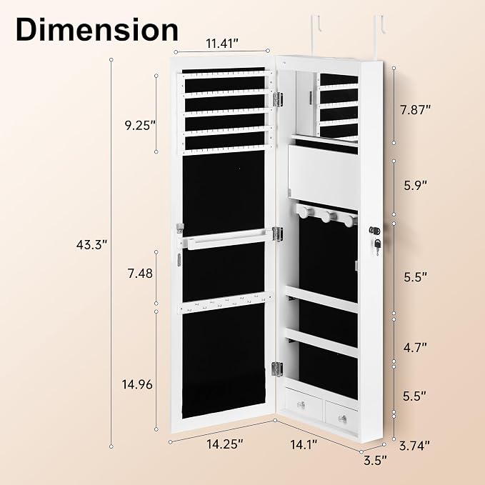 Mirror Jewelry Organizer, Wall/Door Mounted Jewelry Armoire - Image 5
