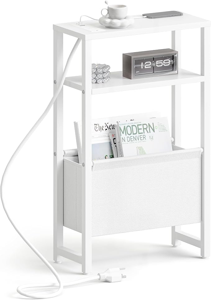 Narrow Side Table with Charging Station Slim End Table Sofa with Magazine Rack by IRCPEN