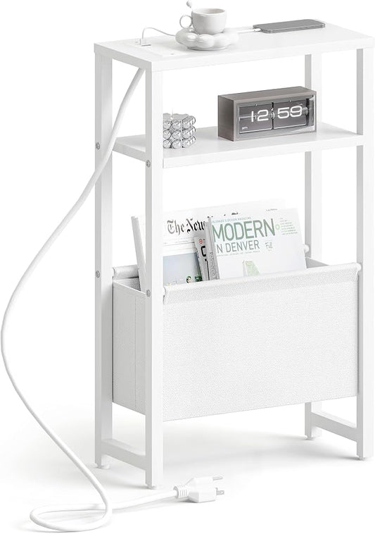 Narrow Side Table with Charging Station Slim End Table Sofa with Magazine Rack by IRCPEN
