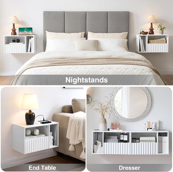 Modern Matte White Fluted Floating Nightstand - Image 4