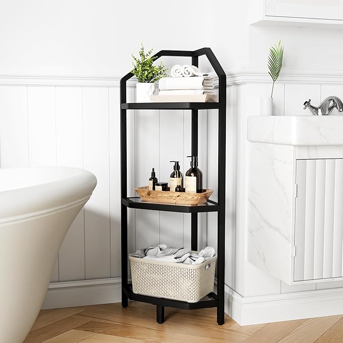 3-Tier Corner Shelf Stand, Bathroom Storage Rack Shelf, Plant Rack, Tempered - Image 2