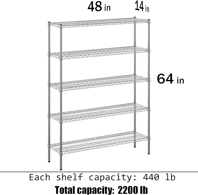 14" Deep x 48" Wide x 64" Height Wire Shelving Kit | 5-Tier | NSF Commercial - Image 3