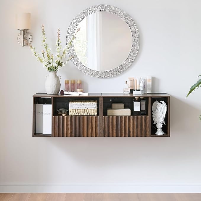 Floating Nightstand with Charging Station, Walnut Fluted Wall Mounted - Image 3
