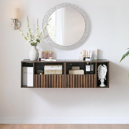 Floating Nightstand with Charging Station, Walnut Fluted Wall Mounted - Image 3