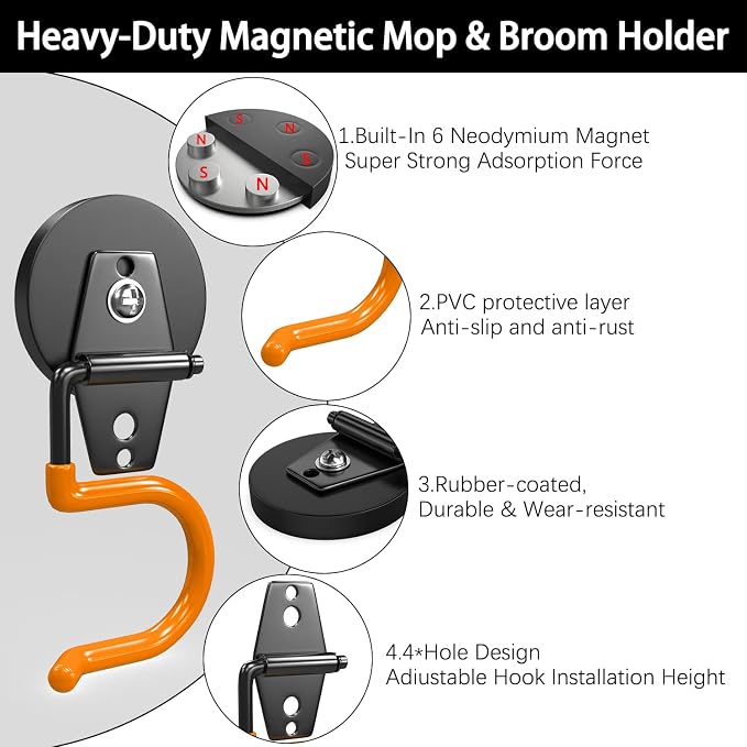 3-H Magnetic Mop Broom Holder and Mop Organizer 4 Pack, Heavy Duty Strong - Image 5