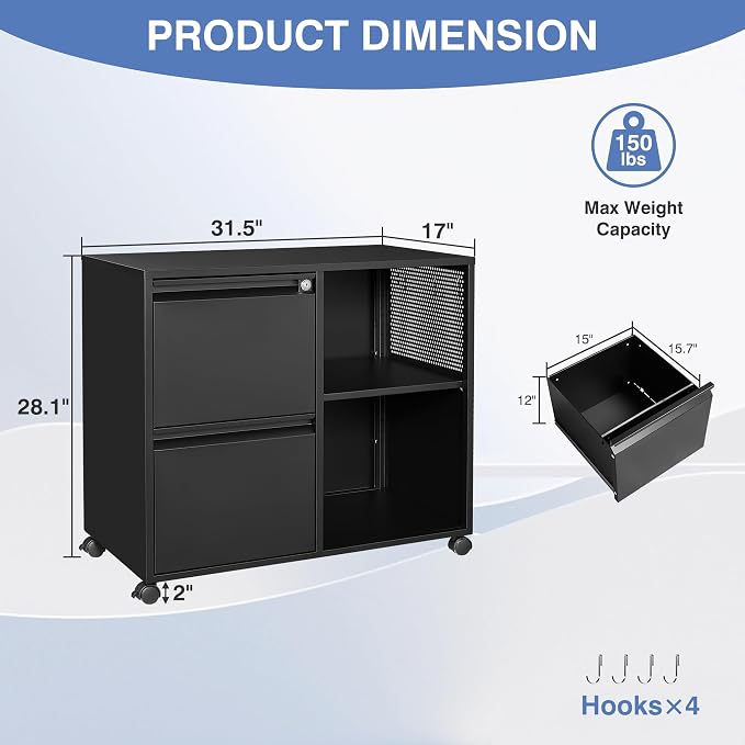 Mobile Lateral File Cabinet, 2 Drawer Filing Cabinet - Image 3