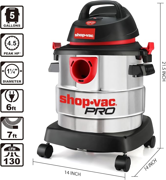 Shop-Vac 5 Gallon 4.5 Peak HP Wet/Dry Vacuum, Stainless Steel Tank, Portable - Image 3