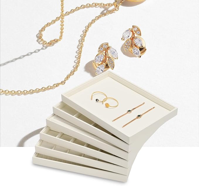 Stackable Beige Jewelry Organizer Tray Premium Microfiber 24 Grid Jewelry - Image 3