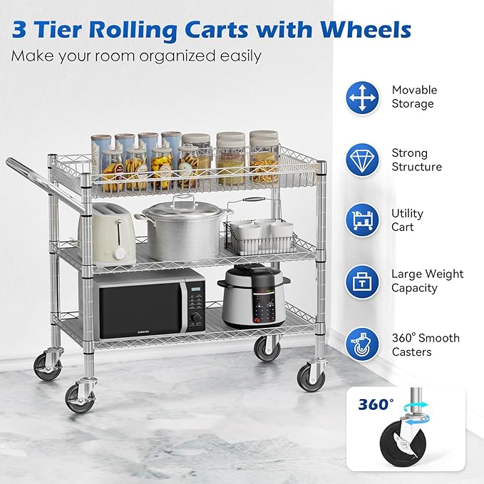 NTE Utility Cart with Wheels, 990lbs Capacity Metal 3 Tier Rolling Carts - Image 3