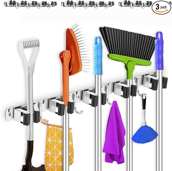 3 Pack Broom Holder Wall Mount 5 Racks 4 Hooks Stainless Steel Broom Mop Holder by TKSDWBLTY