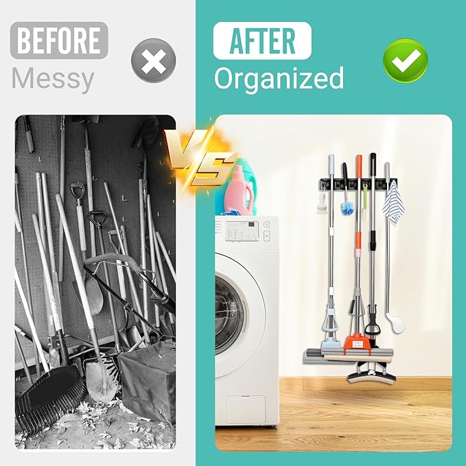 Broom and Mop Holder, Wall Mounted Organizer Mop and Broom Storage Tool Rack - Image 5