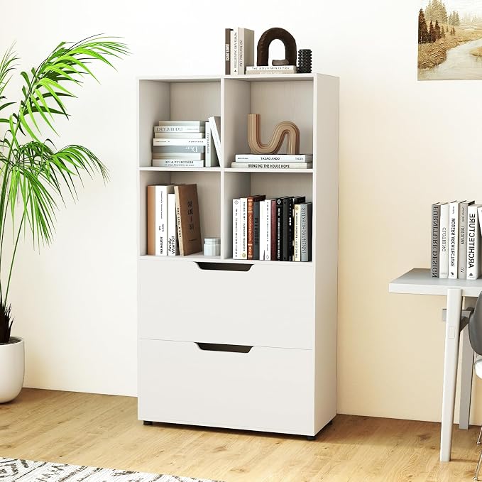 Giantex Bookcase with 2 Drawers, 51” Tall White Bookshelf w/4 Cubes, Anti-tip - Image 2