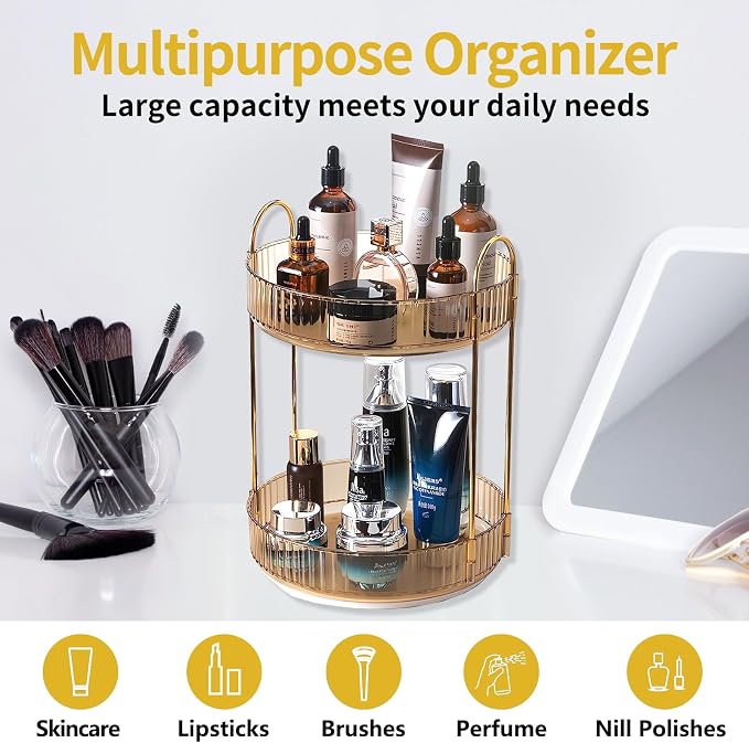 360 Rotating Gold Makeup Organizer, 2 Tier Large Capacity Rotating Makeup - Image 6