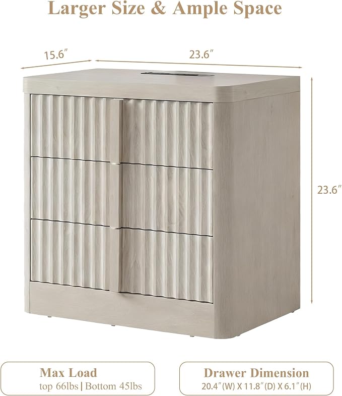 23.6" Nightstand with Charging Station, Side Table with 3 Large Storage Drawers - Image 2