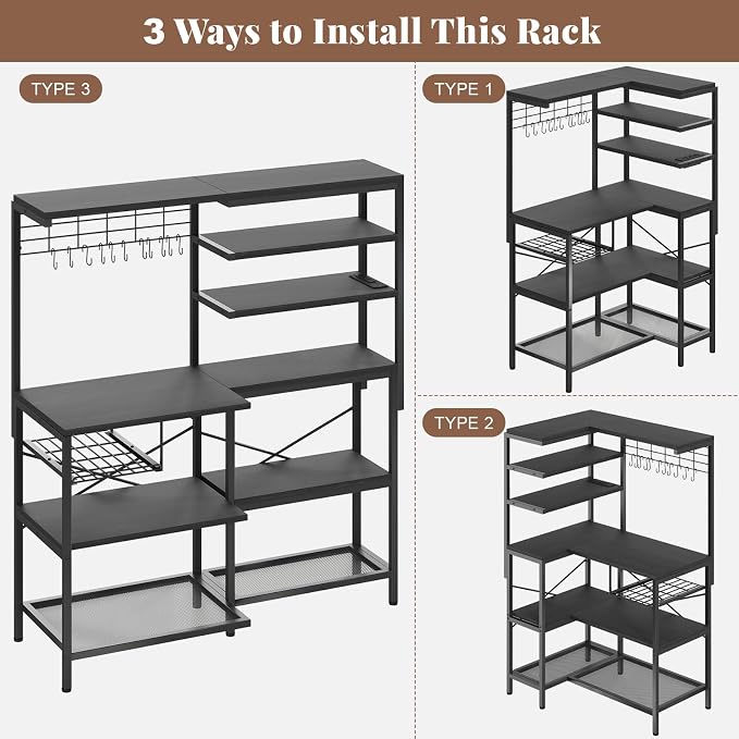 L-Shaped Bakers Rack with Power Outlet, 6-Tier Microwave Stand with Open Storage - Image 4