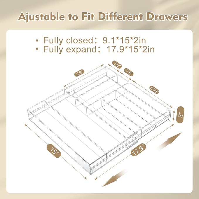 2 Pcs Acrylic Drawer Organizer 9'' up to 18'' x 15'' x 2'' Expandable Drawer - Image 2