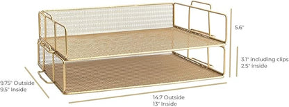 BLU MONACO Gold Mesh Paper Tray – Set of 2 Stackable Letter Trays – Durable - Image 6