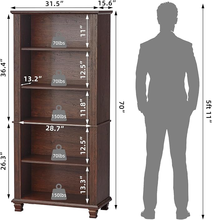70" Tall Walnut Bookshelf, 5 Tier Wooden Book Shelf - Image 3