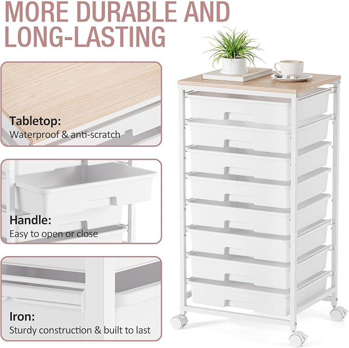 Storage Cart with 8 Drawers, Utility Cart with White Drawers and Wooden Tabletop - Image 5