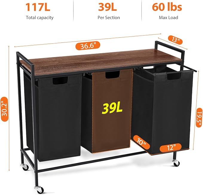 Laundry Sorter 3 Section, Rolling Laundry Hamper - Image 2