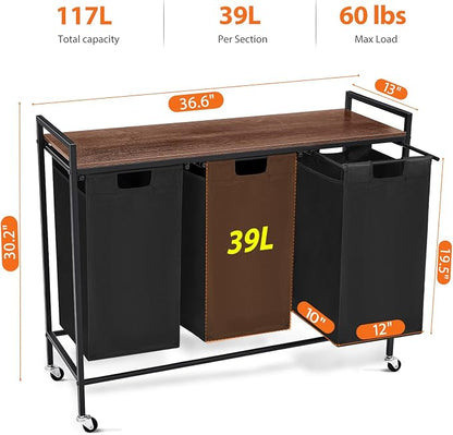 Laundry Sorter 3 Section, Rolling Laundry Hamper - Image 2
